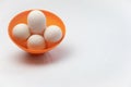 Duck eggs are placed in a round orange plastic cup. Image has blank space on the right. Good for adding taxt for stock photos.