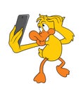 A duck making the duck face pose for a smartphone selfie