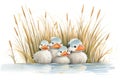 duck family nestled in pond reeds with snow caps