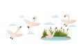 Duck Floating in Pond with Reeds and Flying South Up in the Sky Vector Set