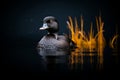 a duck floating in the water with grass in the background