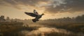 duck flying over treed grasslands in the early morning light Royalty Free Stock Photo