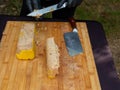 Duck foie gras chef is preparing foie gras to cut into slices on the wooden cutting board for an event Royalty Free Stock Photo