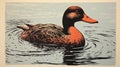 Bold Block Print Of A Duck With Orange Neck On A Lake