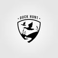Duck hunt logo shield emblem vector template illustration design