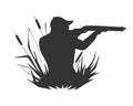 Duck hunter silhouette, thickets of reeds, icon, logo, label, isolated on white background. Royalty Free Stock Photo