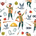 Duck hunters pattern. Seamless background with cartoon pictures and symbols of hunting Royalty Free Stock Photo