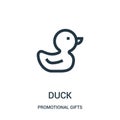 duck icon vector from promotional gifts collection. Thin line duck outline icon vector illustration. Linear symbol for use on web