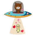 The duck kidnapped by flying ufo on the sky with cute bear.