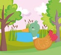 Duck lake plants greenery trees farm animal cartoon