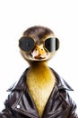 Duck in leather jacket with sunglasses on it's head and leather jacket on its back. Generative AI