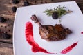 Duck leg confit with cherry sauce on a white plate Royalty Free Stock Photo