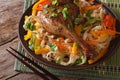 Duck leg with rice noodles and vegetables closeup horizontal Royalty Free Stock Photo