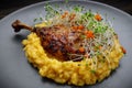 Duck leg with risotto, pumpkin and herbs