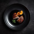 Duck Lorange On Black Smooth Round Plate, French Dish. Generative AI