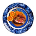 Duck Lorange On A Blue Abstraction Round Plate, French Dish. Generative AI