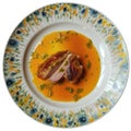 Duck Lorange On A Limegreen Abstraction Round Plate, French Dish. Generative AI