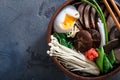 Duck noodles with egg and mushrooms in bowl on dark black stone texture background Royalty Free Stock Photo