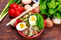 Duck noodles with egg, vegetables and duck meat in bowl Royalty Free Stock Photo