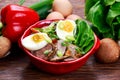 Duck noodles with egg, vegetables and duck meat in bowl Royalty Free Stock Photo