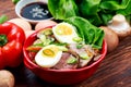 Duck noodles with egg, vegetables and duck meat in bowl Royalty Free Stock Photo