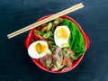 Duck noodles with egg, vegetables and duck meat in bowl Royalty Free Stock Photo