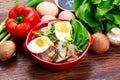 Duck noodles with egg, vegetables and duck meat in bowl Royalty Free Stock Photo