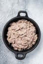Duck pate Rillettes de Canard in a pan. White background. Top View. Copy space Royalty Free Stock Photo