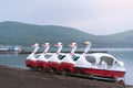 Duck Pedal boats at Lake Kawaguchiko Mount Fuji is a popular recreational site for boating Royalty Free Stock Photo