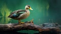 Photographic Style Duck On Wood Branch With Green Background
