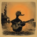 Duck Playing Guitar On Beach: Atmospheric Inkwork For Cumbia Band Cover Disc