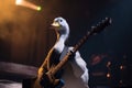 A duck plays rock music on an electric guitar with its wing on a rock concert stage created with generative AI technology