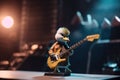 A duck plays rock music on an electric guitar with its wing on a rock concert stage created with generative AI technology