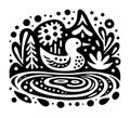 Duck in a Pond - Black and White Illustration of Nature Royalty Free Stock Photo