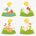 Duck rooster goat grass sun farm animals Royalty Free Stock Photo