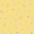 Duck running, doodles, dots and feathers, seamless repeat vector