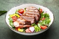 Duck salad with grilled breast and vegetables: red tomato, cucumber, paprika, onions and chard, frisse, mizuna and arugula leaves Royalty Free Stock Photo