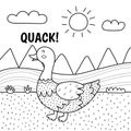 Duck saying quack black and white print. Cute farm character on a green pasture making a sound