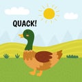 Duck saying quack print. Cute farm character on a green pasture making a sound