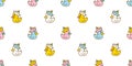 Duck seamless pattern daisy flower rubber duck shower wave bathroom toy ocean swimming pool bird chicken vector pet scarf isolated Royalty Free Stock Photo