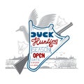 Duck silhouette on the river landscape background. duck hunting season open lettering