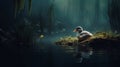 A duck is sitting on a small island in the water Royalty Free Stock Photo