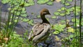 Duck standing on bank with lillypads backdrop Royalty Free Stock Photo