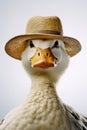 Duck with straw hat on it\'s head looking at the camera Royalty Free Stock Photo