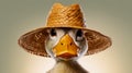 Duck with straw hat on it\'s head looking at the camera Royalty Free Stock Photo