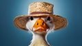 Duck with straw hat on it\'s head looking at the camera Royalty Free Stock Photo