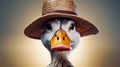 Duck with straw hat on it\'s head looking at the camera Royalty Free Stock Photo