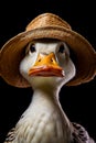 Duck with straw hat on it\'s head looking at the camera Royalty Free Stock Photo