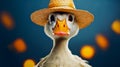 Duck with straw hat on it\'s head looking at the camera Royalty Free Stock Photo