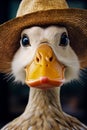 Duck with straw hat on it\'s head looking at the camera Royalty Free Stock Photo